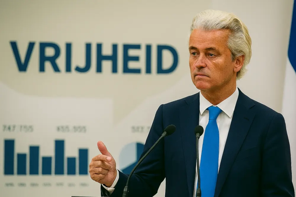 Geert Wilders staat achter een spreekgestoelte met twee microfoons, gekleed in een donkerblauw pak en blauwe stropdas, terwijl hij met serieuze blik een duim omhoog steekt. Op de achtergrond is een grafiek zichtbaar en het woord "VRIJHEID" in grote letters geprojecteerd.